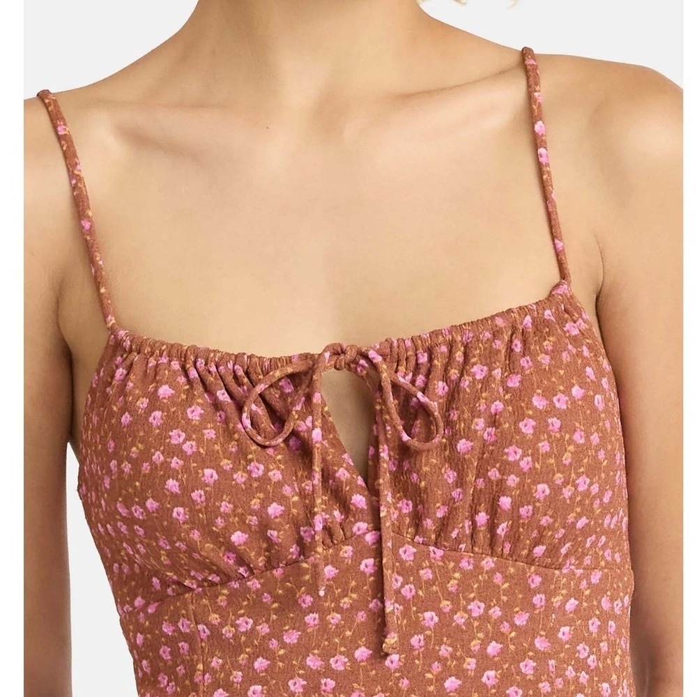 Ditsy Floral‎ Y2K Vibe Maxi Dress Sz S Cinnamon Brown Pink Flowers Tie Front NWT